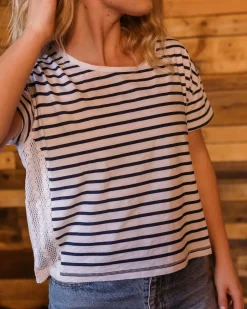 Tops & T-Shirts>Passenger Magnolia Recycled Cotton Crochet Trim T-Shirt Navy Stripe