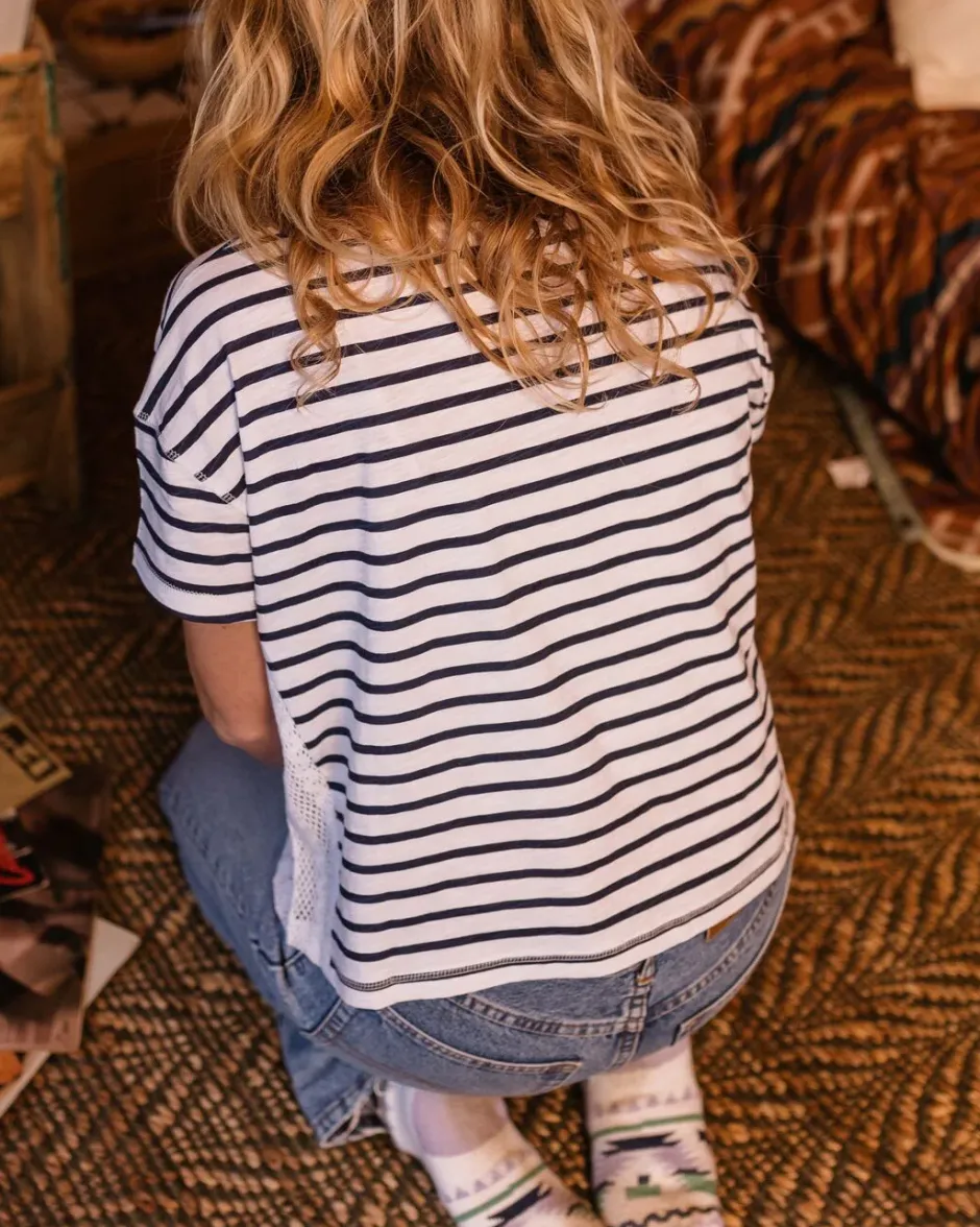 Tops & T-Shirts>Passenger Magnolia Recycled Cotton Crochet Trim T-Shirt Navy Stripe