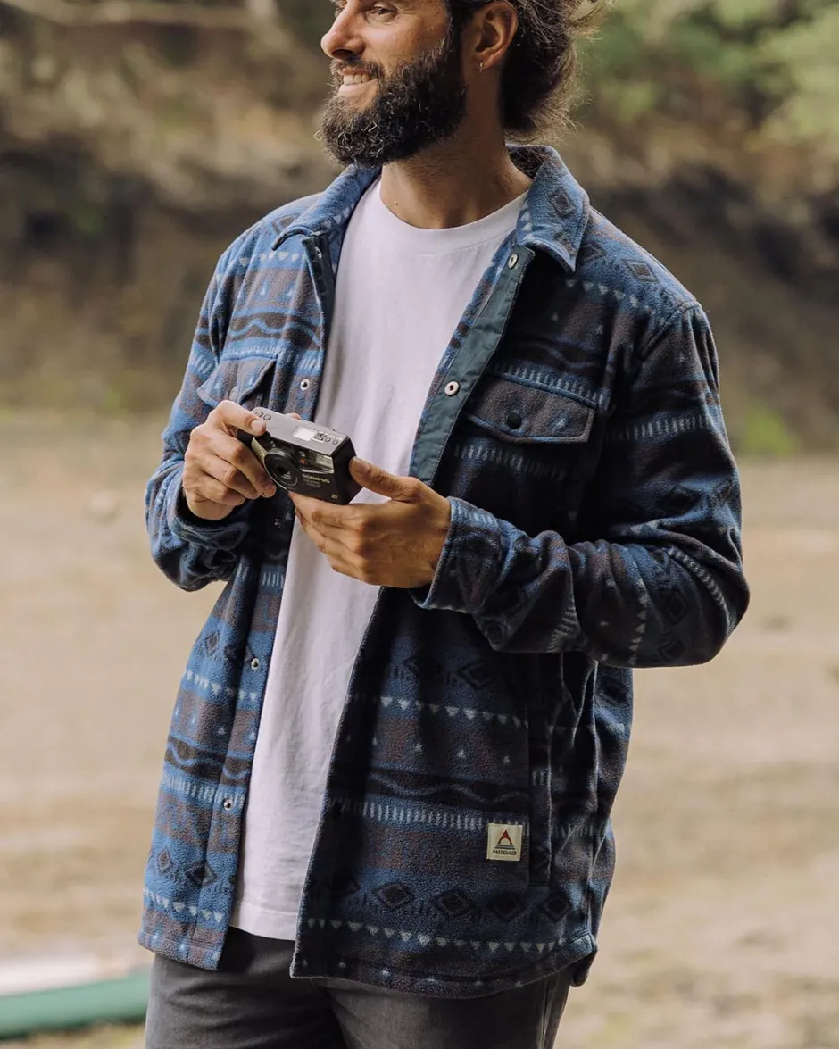 Shirts|Fleece>Passenger Maple Recycled Polar Fleece Shirt Abstract Stripe Dark Denim