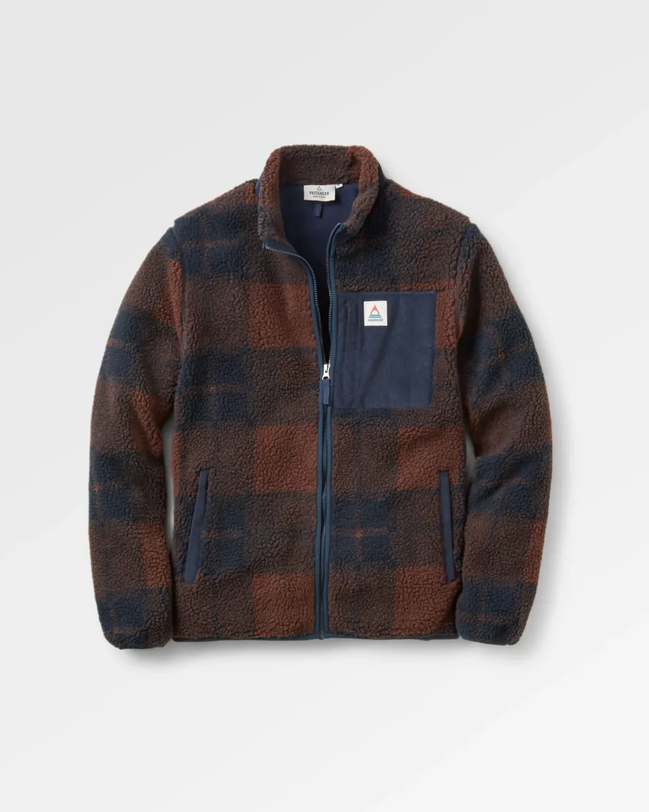 Fleece|Fleece>Floris van Bommel Trekker Recycled Deep-Pile Sherpa Fleece Chestnut/Deep Navy Check