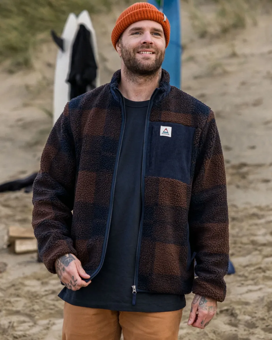 Fleece|Fleece>Floris van Bommel Trekker Recycled Deep-Pile Sherpa Fleece Chestnut/Deep Navy Check