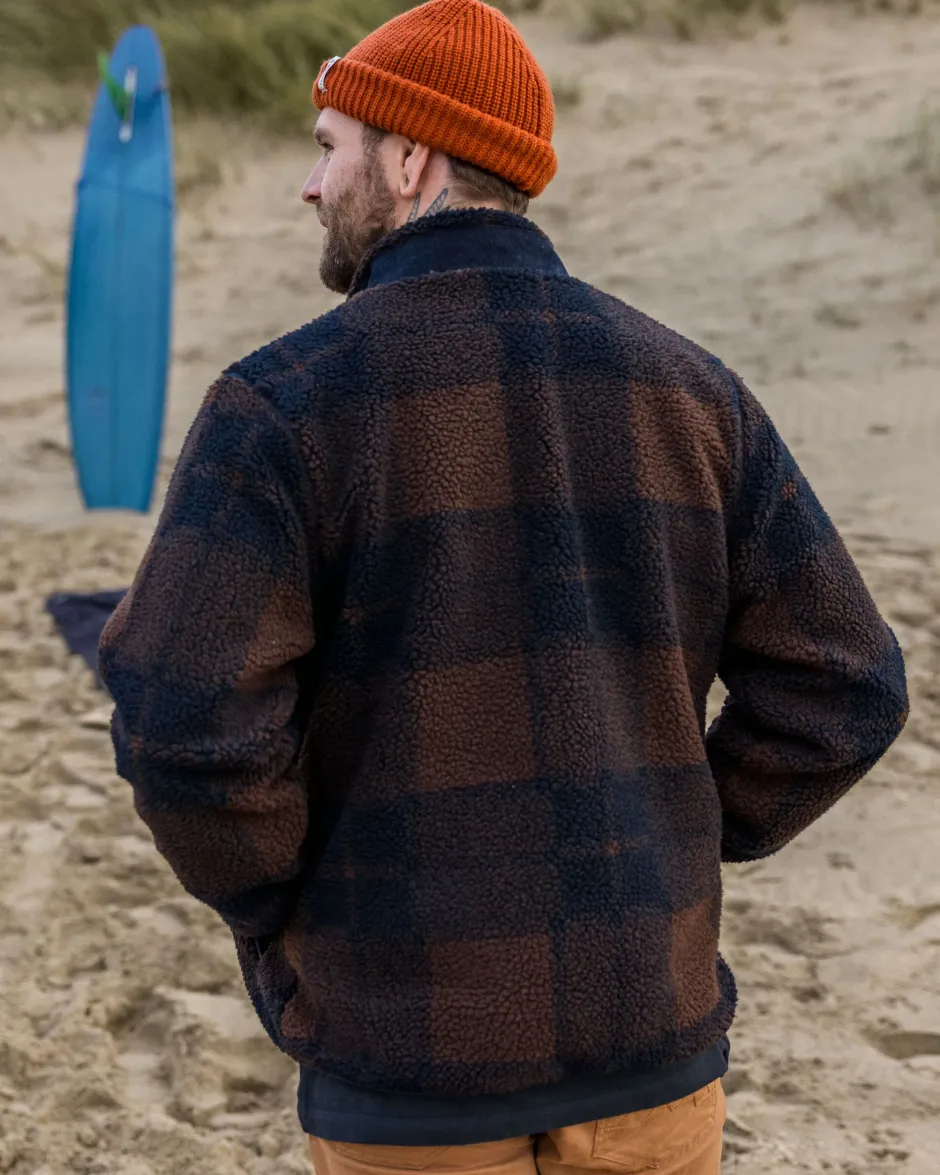 Fleece|Fleece>Floris van Bommel Trekker Recycled Deep-Pile Sherpa Fleece Chestnut/Deep Navy Check