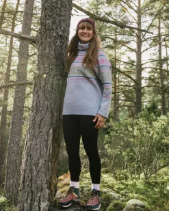 Knitwear|Women's Outlet>Passenger Whimsical Recycled Oversized Polo Neck Knitted Jumper Homespun Stripe Blue Fog