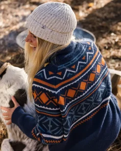 Knitwear|Women's Outlet>Passenger Whimsical Recycled Oversized Polo Neck Knitted Jumper Homespun Stripe Navy