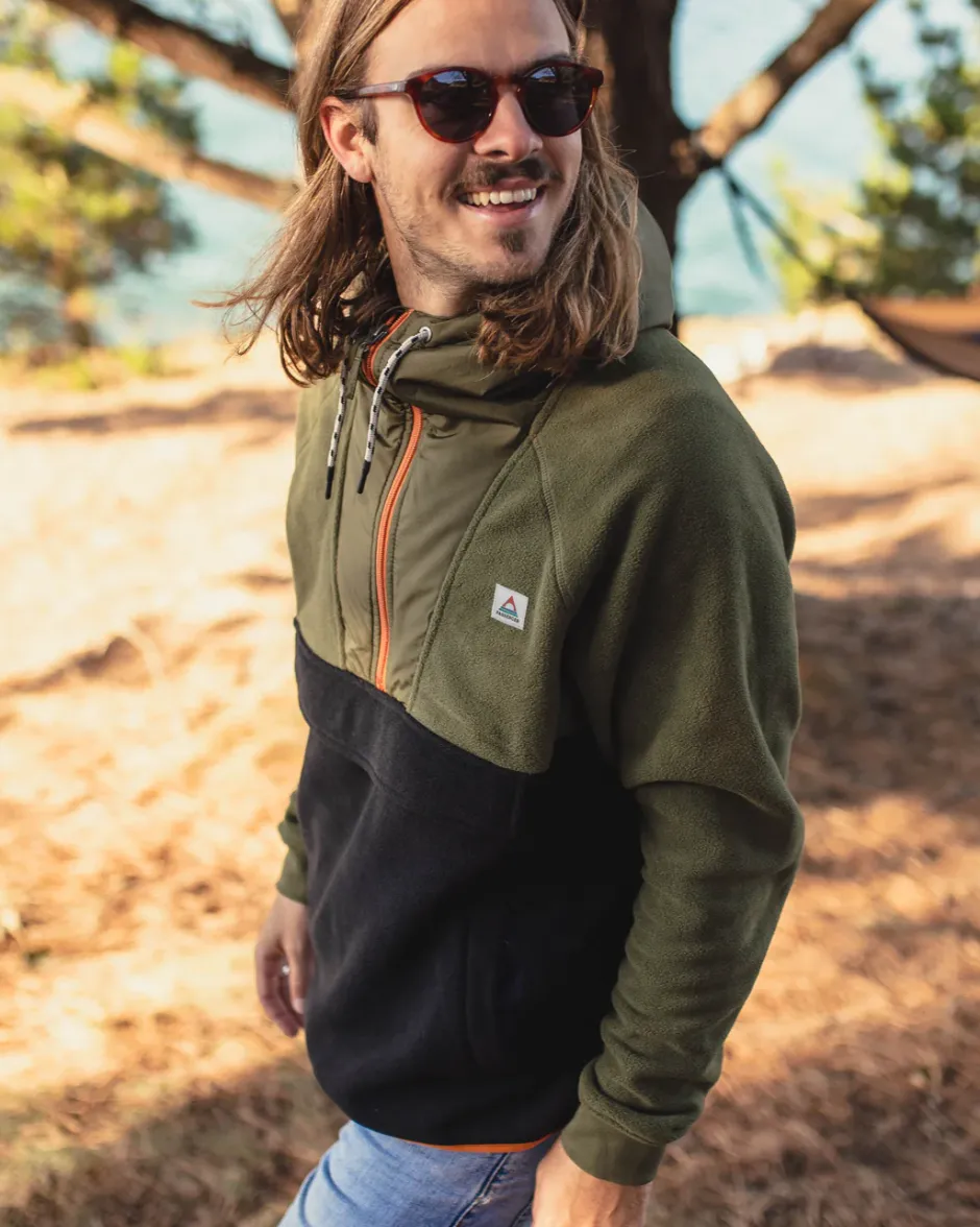 Fleece|Fleece>Floris van Bommel Woodland Hooded 1/2 Zip Polar Fleece True Black/ Khaki