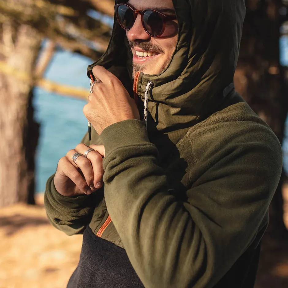 Fleece|Fleece>Floris van Bommel Woodland Hooded 1/2 Zip Polar Fleece True Black/ Khaki